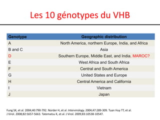 Les 10 génotypes du VHB

 Genotype                                                   Geographic distribution
 A                                         North America, northern Europe, India, and Africa
 B and C                                                                   Asia
 D                                       Southern Europe, Middle East, and India, MAROC?
 E                                                        West Africa and South Africa
 F                                                         Central and South America
 G                                                          United States and Europe
 H                                                      Central America and California
 I                                                                      Vietnam
 J                                                                        Japan


Fung SK, et al. 2004;40:790-792. Norder H, et al. Intervirology. 2004;47:289-309. Tuan Huy TT, et al.
J Virol. 2008;82:5657-5663. Tatematsu K, et al. J Virol. 2009;83:10538-10547.
 