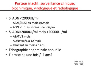 Porteur inactif: surveillance clinique,
   biochimique, virologique et radiologique

• Si ADN <2000UI/ml
  – ASAT/ALAT au moins/6mois
  – ADN VHB au moins une fois/an
• Si ADN>2000UI/ml mais <20000UI/ml
  – ASAT /3 mois
  – ADNVHB/6 à 12 mois
  – Pendant au moins 3 ans
• Echographie abdominale annuelle
• Fibroscan: une fois / 2 ans?
                                         EASL 2009
                                         EASL 2012
 