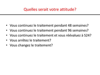 Quelles serait votre attitude?


•   Vous continuez le traitement pendant 48 semaines?
•   Vous continuez le traitement pendant 96 semaines?
•   Vous continuez le traitement et vous réévaluez à S24?
•   Vous arrêtez le traitement?
•   Vous changez le traitement?
 