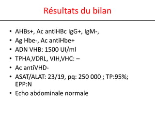 Résultats du bilan

• AHBs+, Ac antiHBc IgG+, IgM-,
• Ag Hbe-, Ac antiHbe+
• ADN VHB: 1500 UI/ml
• TPHA,VDRL, VIH,VHC: –
• Ac antiVHD-
• ASAT/ALAT: 23/19, pq: 250 000 ; TP:95%;
  EPP:N
• Echo abdominale normale
 