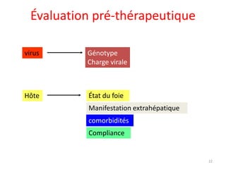 Évaluation pré-thérapeutique

virus      Génotype
           Charge virale



Hôte       État du foie
           Manifestation extrahépatique
           comorbidités
           Compliance


                                          22
 