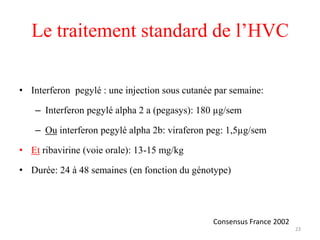 Le traitement standard de l’HVC

• Interferon pegylé : une injection sous cutanée par semaine:

   – Interferon pegylé alpha 2 a (pegasys): 180 µg/sem

   – Ou interferon pegylé alpha 2b: viraferon peg: 1,5µg/sem

• Et ribavirine (voie orale): 13-15 mg/kg

• Durée: 24 à 48 semaines (en fonction du génotype)




                                                Consensus France 2002
                                                                        23
 