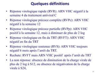 Quelques définitions
• Réponse virologique rapide (RVR): ARN VHC négatif à la
  semaine 4 du traitement antiviral C
• Réponse virologique précoce complète (RVPc): ARN VHC
  négatif à la semaine 12
• Réponse virologique précoce partielle (RVPp): ARN VHC
  positif à la semaine 12, mais à diminuer de plus de 2 log
• Réponse virologique en fin du TRT (RVFT): ARN VHC
  négatif en fin du TRT
• Réponse virologique soutenue (RVS): ARN VHC toujours
  négatif 6 mois après l’arrêt du TRT.
• Rechute: RVFT mais ARN VHC positif après l’arrêt du TRT
• La non réponse: absence de diminution de la charge virale de
  plus de 2 log à S12, ou absence de négativation de la charge
  virale à S24,
                                                                 28
 