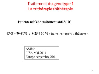 Traitement du génotype 1
              La trithérapie>bithérapie

       Patients naïfs de traitement anti-VHC


RVS = 70-80% : + 25 à 30 % / traitement par « bithérapie »



             AMM:
             USA Mai 2011
             Europe septembre 2011



                                                             38
 