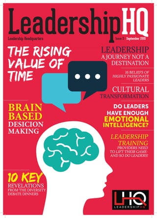 Issue 3 - September 2015Leadership Headquarters
LeadershipHQ
Leadership
A journey not a
destination
16 beliefs of
highly passionate
Leaders
Cultural
Transformation
Brain
Based
Desicion
Making
The rising
value of
time
10 KeyRevelations
from the Diversity
Debate Dinners
Do leaders
have enough
emotional
intelligence?
Leadership
training
providers need
to lift their game-
and so do leaders!
 