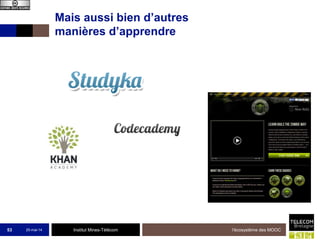 Institut Mines-Télécom
Mais aussi bien d’autres
manières d’apprendre
25-mai-14 l'écosystème des MOOC53
 
