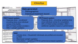 iClinicSys
Data generated:
- Demographics
- Individual treatment record
PER Present system:
• Passively done – enrollment/
encoding done once individual
comes in the facility
• 60% of (Total number enrolled x
500) = outright capitation
ITR Present system:
• Passively done – encoding/ updating done
once individual comes for consultation
• 40% of (Total number enrolled x 500) =
additional capitation based on performance
Ideal:
• Actively done – Household/ individuals are profiled and encoded
to PER
• Maximized outright capitation
• Consultation – updating of ITR for performance-based capitation
 
