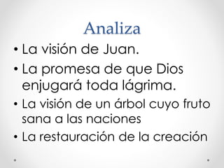 Analiza
• La visión de Juan.
• La promesa de que Dios
enjugará toda lágrima.
• La visión de un árbol cuyo fruto
sana a las naciones
• La restauración de la creación
 