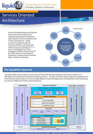 Services Oriented Architecture Services Oriented Architecture (SOA) has become the de-facto approach to application development and delivery, spanning both commercial software and in-house development.  As SOA continues to sweep through the Enterprise Portfolio, it provides both opportunities and challenges for IT, in areas including Business Process Management (BPM), Enterprise Service Bus (ESB), Services Provisioning and Governance, Complex Event Processing (CEP), and Cloud  Computing. The LiquidHub Approach LiquidHub’s SOA services produce an action plan of clearly-defined steps designed to lay the groundwork for an affordable set of enablement of planned and existing services.   The plan can also be used to support the deployment of critical business-driven projects, as well as enable adoption of key technology trends including Cloud / XaaS (Everything as a Service), Mobile and Location-based Computing. 