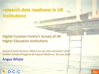 research data readiness in UK
institutions
Digital Curation Centre’s Survey of UK
Higher Education Institutions
Research Data Services, Where are we now and what's next?
London School of Hygeine & Tropical Medicine, 30 June 2015
Angus Whyte
 
