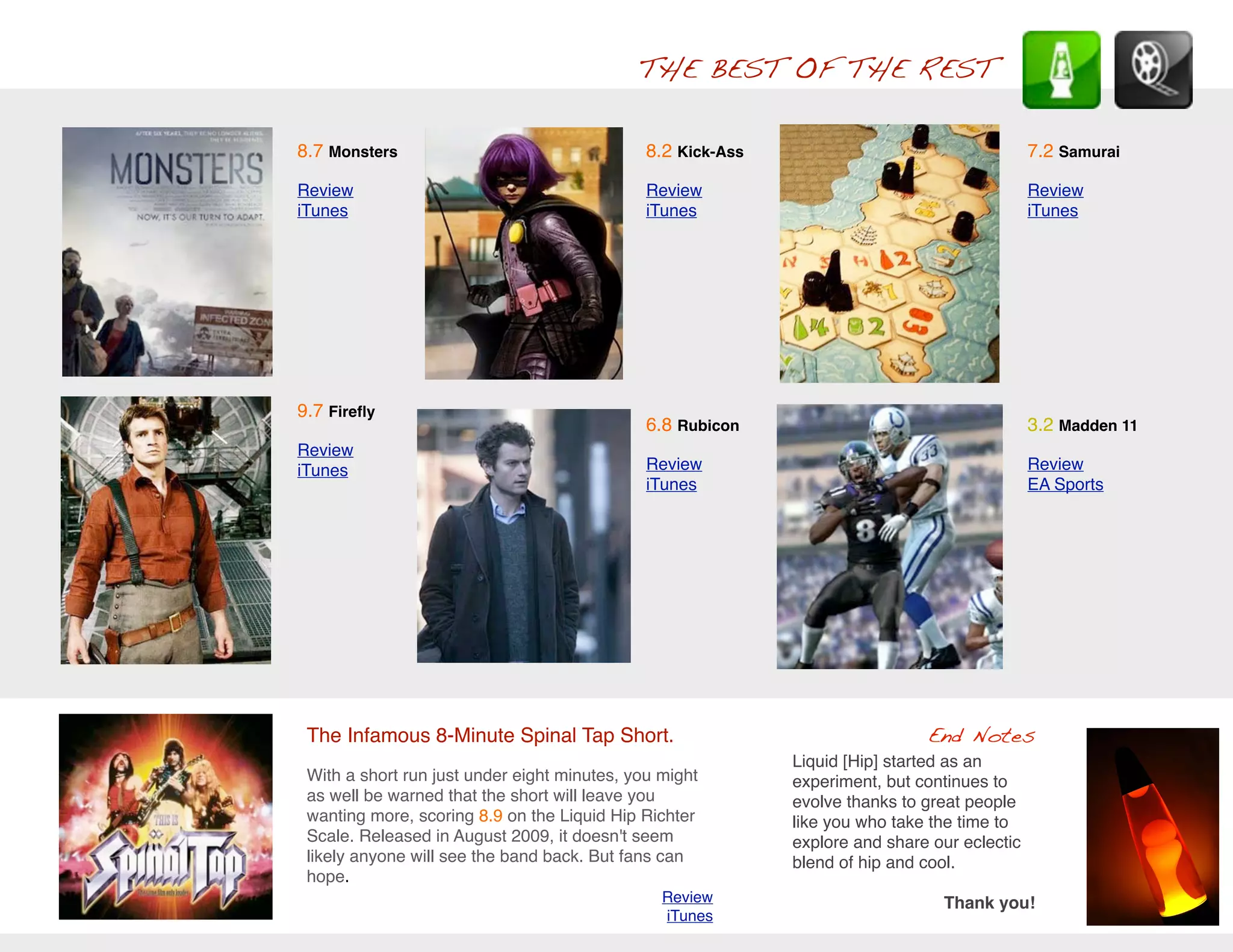 THE BEST OF THE REST

8.7 Monsters                                  8.2 Kick-Ass                                    7.2 Samurai

Review                                        Review                                          Review
iTunes                                        iTunes                                          iTunes




9.7 Fireﬂy
                                              6.8 Rubicon                                     3.2 Madden 11
Review
iTunes                                        Review                                          Review
                                              iTunes                                          EA Sports




 The Infamous 8-Minute Spinal Tap Short.                                      End Notes
                                                             Liquid [Hip] started as an
 With a short run just under eight minutes, you might        experiment, but continues to
 as well be warned that the short will leave you             evolve thanks to great people
 wanting more, scoring 8.9 on the Liquid Hip Richter         like you who take the time to
 Scale. Released in August 2009, it doesn't seem             explore and share our eclectic
 likely anyone will see the band back. But fans can          blend of hip and cool.
 hope.
                                                Review                          Thank you!
                                                iTunes
 