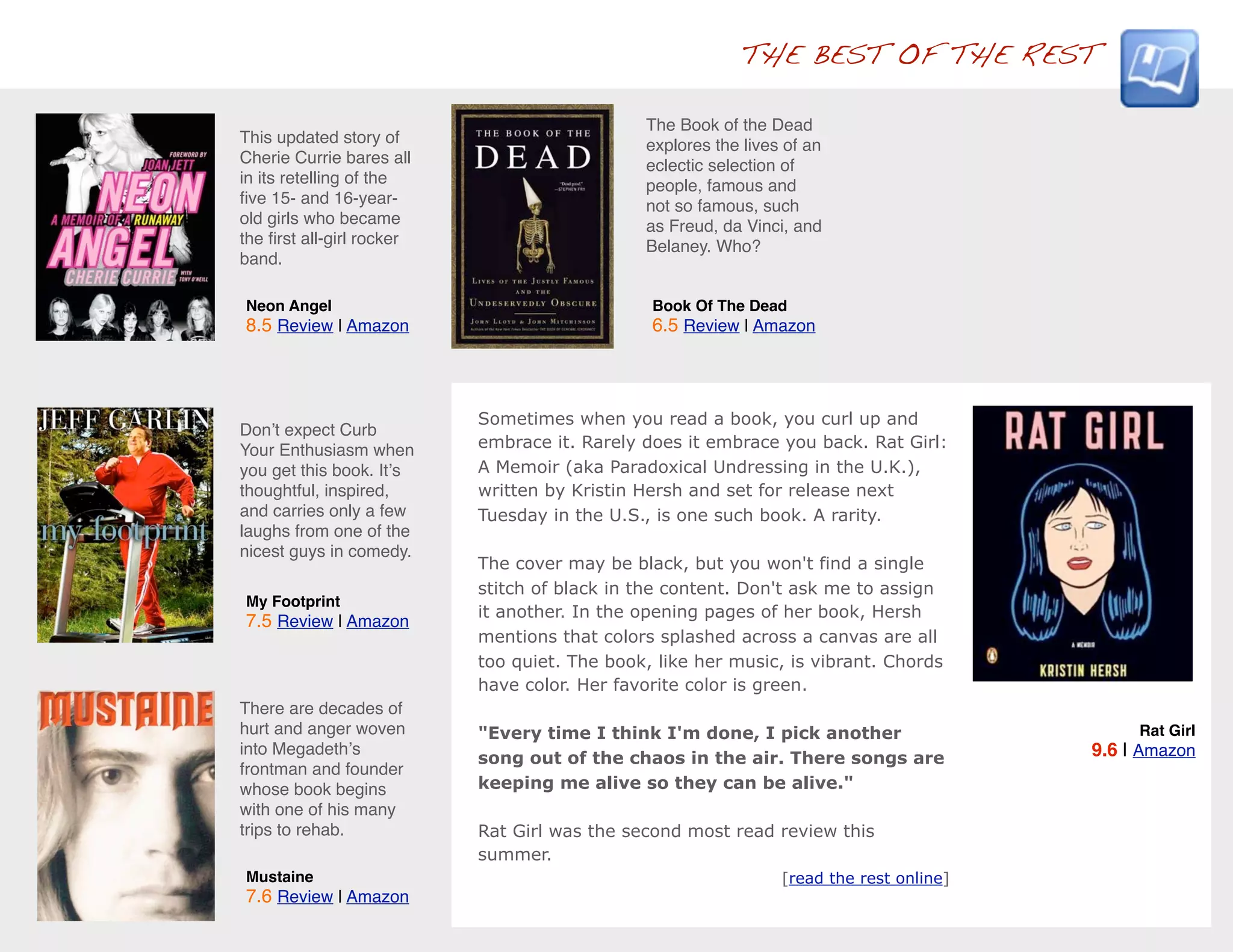 THE BEST OF THE REST

                                              The Book of the Dead
This updated story of                         explores the lives of an
Cherie Currie bares all                       eclectic selection of
in its retelling of the                       people, famous and
ﬁve 15- and 16-year-                          not so famous, such
old girls who became                          as Freud, da Vinci, and
the ﬁrst all-girl rocker                      Belaney. Who?
band.

Neon Angel                                     Book Of The Dead
8.5 Review | Amazon                            6.5 Review | Amazon




                           Sometimes when you read a book, you curl up and
Donʼt expect Curb
Your Enthusiasm when       embrace it. Rarely does it embrace you back. Rat Girl:
you get this book. Itʼs    A Memoir (aka Paradoxical Undressing in the U.K.),
thoughtful, inspired,      written by Kristin Hersh and set for release next
and carries only a few     Tuesday in the U.S., is one such book. A rarity.
laughs from one of the
nicest guys in comedy.
                           The cover may be black, but you won't find a single
                           stitch of black in the content. Don't ask me to assign
My Footprint
                           it another. In the opening pages of her book, Hersh
7.5 Review | Amazon
                           mentions that colors splashed across a canvas are all
                           too quiet. The book, like her music, is vibrant. Chords
                           have color. Her favorite color is green.
There are decades of
hurt and anger woven       "Every time I think I'm done, I pick another                       Rat Girl
into Megadethʼs                                                                          9.6 | Amazon
                           song out of the chaos in the air. There songs are
frontman and founder
whose book begins          keeping me alive so they can be alive."
with one of his many
trips to rehab.            Rat Girl was the second most read review this
                           summer.
Mustaine                                                        [read the rest online]
7.6 Review | Amazon
 