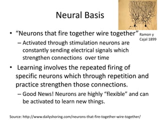 Neural Basis
• “Neurons that fire together wire together”
– Activated through stimulation neurons are
constantly sending electrical signals which
strengthen connections over time
• Learning involves the repeated firing of
specific neurons which through repetition and
practice strengthen those connections.
– Good News! Neurons are highly “flexible” and can
be activated to learn new things.
Source: http://www.dailyshoring.com/neurons-that-fire-together-wire-together/
Ramon y
Cajal 1899
 
