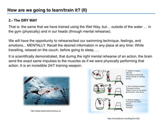 How are we going to learn/train it? (II)
2.- The DRY WAY
That is: the same that we have trained using the Wet Way, but… outside of the water … in
the gym (physically) and in our heads (through mental rehearse).
We will have the opportunity to rehearse/test our swimming technique, feelings, and
emotions... MENTALLY. Recall the desired information in any place at any time: While
travelling, relaxed on the couch, before going to sleep, …
It is scientifically demonstrated, that during the right mental rehearse of an action, the brain
send the exact same impulses to the muscles as if we were physically performing that
action. It is an incredible 24/7 training weapon.
http://mynextbrain.com/blog/?p=322
http://www.dreamsdocometrue.ca
 