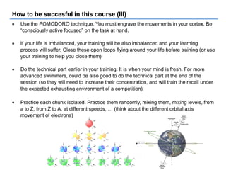  Use the POMODORO technique. You must engrave the movements in your cortex. Be
“consciously active focused” on the task at hand.
 If your life is imbalanced, your training will be also imbalanced and your learning
process will suffer. Close these open loops flying around your life before training (or use
your training to help you close them)
 Do the technical part earlier in your training. It is when your mind is fresh. For more
advanced swimmers, could be also good to do the technical part at the end of the
session (so they will need to increase their concentration, and will train the recall under
the expected exhausting environment of a competition)
 Practice each chunk isolated. Practice them randomly, mixing them, mixing levels, from
a to Z, from Z to A, at different speeds, … (think about the different orbital axis
movement of electrons)
How to be succesful in this course (III)
 