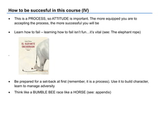  This is a PROCESS, so ATTITUDE is important. The more equipped you are to
accepting the process, the more successful you will be
 Learn how to fail – learning how to fail isn’t fun…it’s vital (see: The elephant rope)
.
 Be prepared for a set-back at first (remember, it is a process). Use it to build character,
learn to manage adversity
 Think like a BUMBLE BEE race like a HORSE (see: appendix)
How to be succesful in this course (IV)
 
