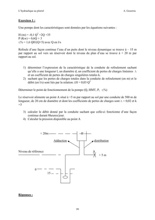 L’hydraulique au pluriel

A. Gouzrou

Exercices 1 :
Une pompe dont les caractéristiques sont données par les équations suivantes :
H (m) = -0,1 Q2 +2Q +35
P (Kw) = 0,6Q + 3
η% = 1,6 QH/(Q+5) avec Q en l/s
Refoule d’une façon continue l’eau d’un puits dont le niveau dynamique se trouve à – 15 m
par rapport au sol vers un réservoir dont le niveau du plan d’eau se trouve à + 20 m par
rapport au sol.

1) déterminer l’expression de la caractéristique de la conduite de refoulement sachant
qu’elle a une longueur l, un diamètre d, un coefficient de pertes de charges linéaires λ
et un coefficient de pertes de charges singulières totales k.
2) sachant que les pertes de charges totales dans la conduite de refoulement (en m) et le
débit (en l/s) sont liés par la relation ∆H = 0,03 Q2
Déterminer le point de fonctionnement de la pompe (Q, HMT, P, η%)
Le réservoir alimente un point A situé à +5 m par rapport au sol par une conduite de 500 m de
longueur, de 20 cm de diamètre et dont les coefficients de pertes de charges sont λ = 0,02 et k
=3
3) calculer le débit donné par la conduite sachant que celle-ci fonctionne d’une façon
continue durant 8heures/jour.
4) Calculer la pression disponible au point A

+ 20m

B
Adduction

distribution

Niveau de référence

A
+5m

0
15

Réponses :

99

 