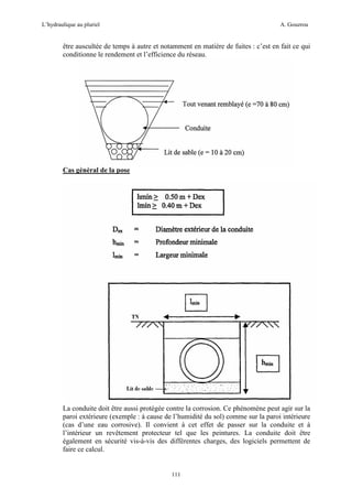 L’hydraulique au pluriel

A. Gouzrou

être auscultée de temps à autre et notamment en matière de fuites : c’est en fait ce qui
conditionne le rendement et l’efficience du réseau.

Cas gènèral de la pose

La conduite doit être aussi protégée contre la corrosion. Ce phénomène peut agir sur la
paroi extérieure (exemple : à cause de l’humidité du sol) comme sur la paroi intérieure
(cas d’une eau corrosive). Il convient à cet effet de passer sur la conduite et à
l’intérieur un revêtement protecteur tel que les peintures. La conduite doit être
également en sécuritè vis-à-vis des différentes charges, des logiciels permettent de
faire ce calcul.

111

 