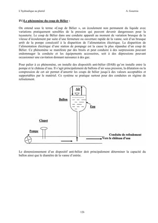 L’hydraulique au pluriel

A. Gouzrou

IV) Le phénomène du coup de Bélier :
On entend sous le terme «Coup de Bélier », un écoulement non permanent du liquide avec
variations pratiquement sensibles de la pression qui peuvent devenir dangereuses pour la
tuyauterie. Le coup de Bélier dans une conduite apparaît au moment de variation brusque de la
vitesse d’écoulement par suite d’une fermeture ou ouverture rapide de la vanne, soit d’un brusque
arrêt de la pompe consécutif à la disparition de l’alimentation électrique. La disparition de
l’alimentation électrique d’une station de pompage est la cause la plus répandue d’un coup de
Bélier. Ce phénomène se manifeste par des bruits et peut conduire à des surpressions pouvant
endommager la conduite et les équipements accessoires, soit à des dépressions pouvant
occasionner une cavitation donnant naissance à des gaz.
Pour palier à ce phénomène, on installe des dispositifs anti-bélier (DAB) qu’on installe entre la
pompe et le château d’eau. Il s’agit principalement de ballons d’air sous pression, la dilatation ou la
compression de cet air permet d’amortir les coups de bélier jusqu’à des valeurs acceptables et
supportables par le matériel. Ce système se pratique surtout pour des conduites en régime de
refoulement.

Le dimensionnement d’un dispositif anti-bélier doit principalement déterminer la capacité du
ballon ainsi que le diamètre de la vanne d’entrée.

126

 