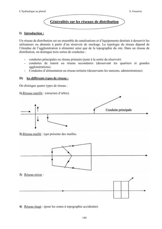 L’hydraulique au pluriel

A. Gouzrou

Généralités sur les réseaux de distribution
I) Introduction :
Un réseau de distribution est un ensemble de canalisations et d’équipements destinés à desservir les
utilisateurs ou abonnés à partir d’un réservoir de stockage. La typologie du réseau dépend de
l’étendue de l’agglomération à alimenter ainsi que de la topographie du site. Dans un réseau de
distribution, on distingue trois sortes de conduites :
II)

conduites principales ou réseau primaire (juste à la sortie du réservoir)
conduites de transit ou réseau secondaires (desservant les quartiers et grandes
agglomérations).
Conduites d’alimentation ou réseau tertiaire (desservants les maisons, administrations).
les différents types de réseau :

On distingue quatre types de réseau :
1) Réseau ramifié : (structure d’arbre).

2) Réseau maillé : (qui présente des mailles.

3) Réseau mixte :

4) Réseau étagé : (pour les zones à topographie accidentée)

140

 