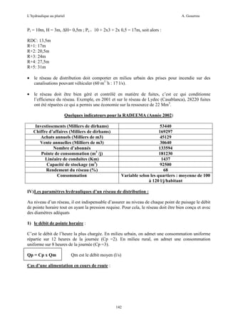 L’hydraulique au pluriel

A. Gouzrou

Pr = 10m, H = 3m, ∆H= 0,5m ; Ps = 10 + 2x3 + 2x 0,5 = 17m, soit alors :
RDC: 13,5m
R+1: 17m
R+2: 20,5m
R+3: 24m
R+4: 27,5m
R+5: 31m
•

le réseau de distribution doit comporter en milieu urbain des prises pour incendie sur des
canalisations pouvant véhiculer (60 m3 /h : 17 l/s).

•

le réseau doit être bien géré et contrôlé en matière de fuites, c’est ce qui conditionne
l’efficience du réseau. Exemple, en 2001 et sur le réseau de Lydec (Casablanca), 28220 fuites
ont été réparées ce qui a permis une économie sur la ressource de 22 Mm3.
Quelques indicateurs pour la RADEEMA (Année 2002)
Investissements (Milliers de dirhams)
Chiffre d’affaires (Milliers de dirhams)
Achats annuels (Milliers de m3)
Vente annuelles (Milliers de m3)
Nombre d’abonnés
Pointe de consommation (m3 /j)
Linéaire de conduites (Km)
Capacité de stockage (m3)
Rendement du réseau (%)
Consommation

53440
169297
45129
30640
133594
181230
1437
92500
68
Variable selon les quartiers : moyenne de 100
à 120 l/j/habitant

IV) Les paramètres hydrauliques d’un réseau de distribution :
Au niveau d’un réseau, il est indispensable d’assurer au niveau de chaque point de puisage le débit
de pointe horaire tout en ayant la pression requise. Pour cela, le réseau doit être bien conçu et avec
des diamètres adéquats
1) le débit de pointe horaire :
C’est le débit de l’heure la plus chargée. En milieu urbain, on admet une consommation uniforme
répartie sur 12 heures de la journée (Cp =2). En milieu rural, on admet une consommation
uniforme sur 8 heures de la journée (Cp =3).
Qp = Cp x Qm

Qm est le débit moyen (l/s)

Cas d’une alimentation en cours de route :

142

 
