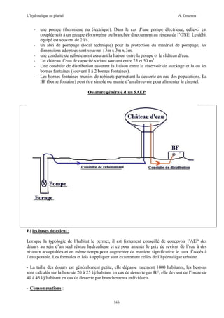 L’hydraulique au pluriel

-

-

A. Gouzrou

une pompe (thermique ou électrique). Dans le cas d’une pompe électrique, celle-ci est
couplée soit à un groupe électrogène ou branchée directement au réseau de l’ONE. Le débit
équipé est souvent de 2 l/s.
un abri de pompage (local technique) pour la protection du matériel de pompage, les
dimensions adoptées sont souvent : 3m x 3m x 3m.
une conduite de refoulement assurant la liaison entre la pompe et le château d’eau.
Un château d’eau de capacité variant souvent entre 25 et 50 m3
Une conduite de distribution assurant la liaison entre le réservoir de stockage et la ou les
bornes fontaines (souvent 1 à 2 bornes fontaines).
Les bornes fontaines munies de robinets permettant la desserte en eau des populations. La
BF (borne fontaine) peut être simple ou munie d’un abreuvoir pour alimenter le cheptel.
Ossature générale d’un SAEP

B) les bases de calcul :
Lorsque la typologie de l’habitat le permet, il est fortement conseillé de concevoir l’AEP des
douars au sein d’un seul réseau hydraulique et ce pour amener le prix de revient de l’eau à des
niveaux acceptables et en même temps pour augmenter de manière significative le taux d’accès à
l’eau potable. Les formules et lois à appliquer sont exactement celles de l’hydraulique urbaine.
- La taille des douars est généralement petite, elle dépasse rarement 1000 habitants, les besoins
sont calculés sur la base de 20 à 25 l/j/habitant en cas de desserte par BF, elle devient de l’ordre de
40 à 45 l/j/habitant en cas de desserte par branchements individuels.
- Consommations :
166

 