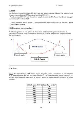 L’hydraulique au pluriel

A .Gouzrou

Exemple :
La pluviométrie pour la période 1952-1981 pour une station S1 est de 524 mm. Une station voisine
S2 a une pluviométrie de 537,4 mm pour la période 1954-1981.
Pour la période 1954-1981, la station S1 à une pluviométrie de 534,7 mm. Ceci définit le rapport
de station (524 /5341,7) = 0,98
La pluie extrapolée pour la station S2 correspondant à la période 1952-1981 est donc Pe = 0,98 x
537,4 soit Pe = 527 mm.
III) Diagramme ombrothermique :
C’est un diagramme ou l’on reporte les pluies et les températures moyennes mensuelles en
graduant l’échelle des pluies comme étant le double de celle des températures. La période séche
est celle ou P<2T

Exercices :

Ex 1 : Au site du barrage Ait Hammou (région d’Agadir), l’oued Tamri draine un bassin versant
d’un périmètre de 191 Km et d’une superficie de 1258 Km2. le planimètrage sur une carte au 1/250
000 des superficies entre les courbes de niveau a permis de dégager les caractéristiques du bassin
suivantes :
Altitude en m (NGM) Superficie en Km2
160
3
200
108
400
241
600
161
800
245
1000
218
1200
191
1400
87
1600
4
186

 