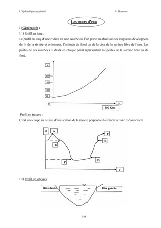L’hydraulique au pluriel

A .Gouzrou

Les cours d’eau
I) Généralités :
I.1) Profil en long :
Le profil en long d’une rivière est une courbe où l’on porte en abscisses les longueurs développées
du lit de la rivière et ordonnées, l’altitude du fond ou de la côte de la surface libre de l’eau. Les
pentes de ces courbes i = dz/dx en chaque point représentent les pentes de la surface libre ou du
fond.

Profil en travers :
C’est une coupe au niveau d’une section de la rivière perpendiculairement à l’axe d’écoulement

I.2) Profil de vitesses :

188

 