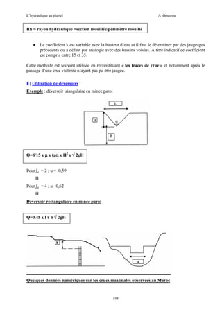 L’hydraulique au pluriel

A .Gouzrou

Rh = rayon hydraulique =section mouillée/périmètre mouillé
•

Le coefficient k est variable avec la hauteur d’eau et il faut le déterminer par des jaugeages
précédents ou à défaut par analogie avec des bassins voisins. A titre indicatif ce coefficient
est compris entre 15 et 35.

Cette méthode est souvent utilisée en reconstituant « les traces de crue » et notamment après le
passage d’une crue violente n’ayant pas pu être jaugée.
E) Utilisation de déversoirs :
Exemple : déversoir triangulaire en mince paroi

Q=8/15 x µ x tgα x H2 x √ 2gH
α
Pour L = 2 ; u = 0,59
H
Pour L = 4 ; u 0,62
H
Déversoir rectangulaire en mince paroi
Q=0.45 x l x h √ 2gH

Quelques données numériques sur les crues maximales observées au Maroc

195

 