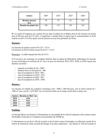 L’hydraulique au pluriel

A. Gouzrou

Années

2007

2015

2025

2050

Besoins moyens
(l/s)
Besoins de pointe (l/s)

70

75

83

107

105

113

125

161

5/- Le projet d’irrigation par système Pivots dans la plaine de la Bahira prévoit des besoins de pointe
pour le blé qui sont de 0.5 l/s/ha. L’expérience a montré dans la région que la consommation en fictif
continu est de 0.13 l/s/ha. Quels sont les besoins en eau d’un périmètre de 50 ha.
Réponses :
Les besoins de pointes sont de 50 x 0.5 = 25 l/s
Les besoins en fictif continu seront 50 x0.13 = 6.5 l/s
Remarque : Le débit équipé doit être de 25 l/s.
6) Il est prévu de construire un complexe hôtelier dans la région de Marrakech. Déterminer les besoins
en eau touristiques en millions de m3 /an et ce pour les horizons 2010, 2015, 2020, et 2030 à partir des
données suivantes :
-

capacité en nombre de lits : 5000
dotation brute en litre/jour/lit : 300
taux d’occupation en 2010 : 80%
taux d’occupation en 2015 : 85%
taux d’occupation en 2020 : 90%
taux d’occupation en 2030 : 100%

Réponse :
Les besoins en totalité du complexe touristique sont : 5000 x 300 litre/jour, soit en fictif continu Q =
1500 m3 /jour, soit Q = 0,55 Mm3 /an. Les besoins étalés sur le temps seront donc comme suit :
Années Besoins en Mm3 /an
2010
0,44
2015
0,47
2020
0,49
2030
0,55
Problème
Le barrage Mrissa est destiné à l’alimentation en eau potable de la ville de Laârache et des centres ruraux
limitrophes d’une part et l’irrigation d’un périmètre de 30.000 ha.
L’alimentation en eau de la ville de Larache et des Centres ruraux limitrophes est effectuée à partir de la
station de traitement située au pied du barrage et de deux adductions : une dessert la ville de Larache et

17

 