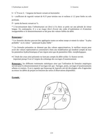 L’hydraulique au pluriel

A .Gouzrou

b = L2/S avec L = longueur du bassin versant en hectomètre
k = coefficient de rugosité variant de 0,15 pour terrains nus et rocheux à 1,5 pour forêts ou sols
profonds.
P = pente du bassin versant en %.
* L’investissement dans l’infrastructure est élevé si le choix se porte sur une période de retour
longue. En contrepartie, il y a un risque élevé d’avoir des coûts d’exploitation et d’entretien
insupportables si le dimensionnement se fait pour des valeurs faibles du débit.
Remarques :
* Les formules décrites peuvent être appliquées toutes en même temps et retenir la valeur ‘’la plus
probable’’ ou la valeur ‘’ paraissant la plus fiable’’
* Les formules présentées ne donnent que des valeurs approximatives, le meilleur moyen pour
avoir des valeurs représentatives consisterait à faire une modélisation qui tiendrait compte de tous
les paramètres hydroclimatiques d’une région ainsi que de paramètres litho- morphologiques.
• L’étude des crues ainsi présentée ne tient pas compte du débit solide. Ce facteur est très
important puisqu’il est à l’origine du colmatage des ouvrages d’assainissement.
Remarque : les différents traitements statistiques ainsi que l’utilisation de formules empiriques
servent pour le dimensionnement d’ouvrages tels que : barrages, ponts, ouvrages d’assainissements
urbains et routiers. Il est à signaler que beaucoup de logiciels ont été développés afin d’approcher
au mieux les débits de projets en fonction des séries d’observations disponibles.

Exemple :

219

 
