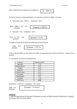 L’hydraulique au pluriel

A. Gouzrou

Donc le débit total en matière d’eau potable est

Q = 1051 l/s

S

er

En fait les réseaux ont des rendements, et on doit donc calculer les débits à l’amont.
•

Q (Larache city)= 1042 l/s – rendement = 80 %

Donc = 1042 = 0,8
Q amont
•

soit

Q amont = 1303 l/s

Q (rural) = 9 l/s – rendement = 60 %

Donc 9 = 0,6
Q amont

soit

Q amont = 15 l/s

Le débit à la sortie de la station de traitement doit donc être de
1318 = 0,75
Q amont

Q amont = 1757 l/s

C’est ce dernier débit qui doit entrer à la station de traitement pour couvrir les besoins moyens en eau
potable.
2/- Les besoins en eau par assolement sont :
Cultures
Agrumes
Arboricultures
Vignes
Betterave
Canne à sucre
Fourrages
Maraîchages
Céréales
TOTAL

Besoins (m3/s)
2.72
0.53
0.22
0.37
0.33
0.16
0.97
1.54
6.84

Q (besoins) = 6.84 m3/s ; rendement = 60 % donc
6.84 = 0.6
Q amont

Q amont = 11.4 m3/s

Problème
L’étude de régularisation du Barrage Ait Hammou a permis au Stade du projet de déterminer la capacité
du barrage. Pour une année donnée.

19

 