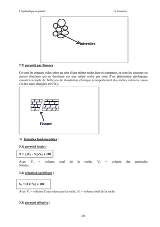 L’hydraulique au pluriel

A .Gouzrou

2.2) porosité par fissures :
Ce sont les espaces vides crées au sein d’une même roche dure et compacte, ce sont les cassures ou
encore diaclases qui se dessinent sur une même roche par suite d’un phénomène géologique
cassant (exemple de faille) ou de dissolution chimique (comportement des roches calcaires vis-àvis des eaux chargées en CO2).

3) formules fondamentales :
3.1) porosité totale :
N = [(Vt – Vs)/Vt] x 100
Avec Vt
Solides.

=

volume

total

de

la

roche,

Vs

=

volume

3.2) rétention spécifique :

Sr = (Vr/ Vt) x 100
Avec Vr = volume d’eau retenu par la roche, Vt = volume total de la roche
.
3.3) porosité effective :

246

des

particules

 