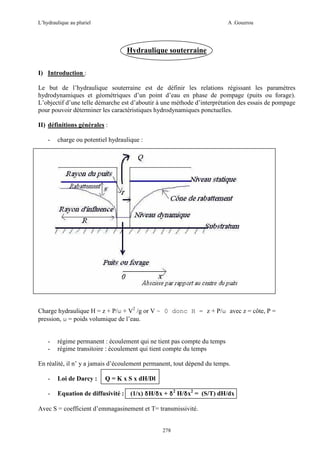 L’hydraulique au pluriel

A .Gouzrou

Hydraulique souterraine
I) Introduction :
Le but de l’hydraulique souterraine est de définir les relations régissant les paramètres
hydrodynamiques et géométriques d’un point d’eau en phase de pompage (puits ou forage).
L’objectif d’une telle démarche est d’aboutir à une méthode d’interprétation des essais de pompage
pour pouvoir déterminer les caractéristiques hydrodynamiques ponctuelles.
II) définitions générales :
-

charge ou potentiel hydraulique :

Charge hydraulique H = z + P/ω + V2 /g or V ~ 0 donc H = z + P/ω avec z = côte, P =
pression, ω = poids volumique de l’eau.

-

régime permanent : écoulement qui ne tient pas compte du temps
régime transitoire : écoulement qui tient compte du temps

En réalité, il n’ y a jamais d’écoulement permanent, tout dépend du temps.
-

Loi de Darcy :

Q = K x S x dH/Dl

-

Equation de diffusivité : (1/x) δH/δx + δ2 H/δx2 = (S/T) dH/dx

Avec S = coefficient d’emmagasinement et T= transmissivité.

278

 