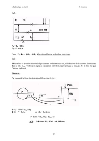 L’hydraulique au pluriel

A. Gouzrou

Ex3 :

PA = PB + ϖ2h2
PB = P0 + ϖ1h1
Donc PA – P0 = ϖ1h1 + ϖ2h2 (Pression effective au fond du réservoir)
Ex4 :
Déterminer la pression manométrique dans un récipient avec eau, si la hauteur de la colonne de mercure
dans le tube h HG = 0.3m et la ligne de séparation entre le mercure et l’eau se trouve à 0,1 m plus bas que
l’axe du récipient.
Réponse :
Par rapport à la ligne de séparation OO on peut écrire :

x Pc - Patm = ϖHg hHg
y Pc - P = ϖe he

or (Pc = Pd) donc

P - Patm = ϖHg hHg - ϖH2O he
A.N :

P-Patm = 3,95 T/m² = 0,395 atm.
²

27

 