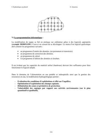 L’hydraulique au pluriel

A .Gouzrou

V) La programmation informatique :
La modélisation de nappe se fait en pratique sur ordinateur grâce à des logiciels appropriés
(exemple MODFLOW). Ceux-ci ne cessent de se développer. Le menu d’un logiciel quelconque
doit contenir les programmes suivants :
•
•
•
•

un programme d’entrée des données. (en permanent et transitoire)
un programme de correction des données.
un programme de calcul.
Un programme d’édition des données et résultats.

Il est évident que les capacités du matériel utilisé (hardware) doivent être suffisantes pour faire
fonctionner le logiciel adopté.

Dans le domaine de l’alimentation en eau potable et indusqtrielle ainsi que la gestion des
ressources en eau, la modélisation hydrogéologique permet :
-

Evaluation des conditions d’exploitations et effet sur l’aquifère.
Optimisation d’exploitation des champs captants.
Délimitation des zones et pèrimètres de protection.
Vulnérabilitè des captages par rapport aux activitès environnantes (sur le plan
quantitatif et qualitatif).

310

 