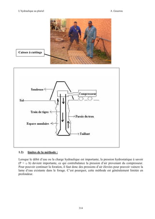 L’hydraulique au pluriel

A .Gouzrou

Caisses à cuttings

1.2)

limites de la méthode :

Lorsque le débit d’eau ou la charge hydraulique est importante, la pression hydrostatique à savoir
(P = ω h) devient importante, ce qui contrebalance la pression d’air provenant du compresseur.
Pour pouvoir continuer la foration, il faut donc des pressions d’air élevées pour pouvoir vaincre la
lame d’eau existante dans le forage. C’est pourquoi, cette méthode est généralement limitée en
profondeur.

314

 