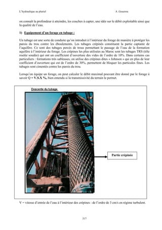 L’hydraulique au pluriel

A .Gouzrou

on connaît la profondeur à atteindre, les couches à capter, une idée sur le débit exploitable ainsi que
la qualité de l’eau.
1) Equipement d’un forage en tubage :
Un tubage est une sorte de conduite qu’on introduit à l’intérieur du forage de manière à protéger les
parois du trou contre les éboulements. Les tubages crépinés constituent la partie captante de
l’aquifère. Ce sont des tubages percés de trous permettant le passage de l’eau de la formation
aquifère à l’intérieur du forage. Les crépines les plus utilisées au Maroc sont les tubages TRS (tôle
roulée soudée) qui ont un coefficient d’ouverture des vides de l’ordre de 10%. Dans certains cas
particuliers : formations très sableuses, on utilise des crépines dites « Johnson » qui en plus de leur
coefficient d’ouverture qui est de l’ordre de 30%, permettent de bloquer les particules fines. Les
tubages sont cimentés contre les parois du trou.
Lorsqu’on équipe un forage, on peut calculer le débit maximal pouvant être donné par le forage à
savoir Q = V.S.X %, bien entendu si la transmissivité du terrain le permet.

Partie crépinée

V = vitesse d’entrée de l’eau à l’intérieur des crépines : de l’ordre de 3 cm/s en régime turbulent.

317

 