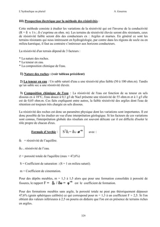 L’hydraulique au pluriel

A .Gouzrou

III) Prospection électrique par la méthode des résistivités :
Cette méthode consiste à étudier les variations de la résistivité qui est l'inverse de la conductivité
(R = δ x 1/s ; δ s’exprime en ohm. m). Les terrains de résistivité élevée seront dits résistants, ceux
de résistivité faible seront dits des conducteurs ex : Argiles et marnes. En général ce sont les
terrains résistants qui nous intéressent en hydrogéologie, par contre dans les régions de socle ou en
milieu karstique, il faut au contraire s’intéresser aux horizons conducteurs.
La résistivité d'un terrain dépend de 3 facteurs :
* La nature des roches.
* La teneur en eau.
* La composition chimique de l'eau.

1) Nature des roches : (voir tableau précédent)
2) La teneur en eau : Un sable saturé d'eau a une résistivité plus faible (50 à 100 ohm.m). Tandis
qu’un sable sec a une résistivité élevée.
3) Composition chimique de l'eau : La résistivité de l'eau est fonction de sa teneur en sels
dissous ex à 18°C, l'eau douce à 0,1 g/l de Nacl présente une résistivité de 55 ohm.m et à 1 g/l elle
est de 0,65 ohm.m. Ces faits expliquent entre autres, la faible résistivité des argiles dont l'eau de
rétention est toujours très chargée en sels dissous.
La résistivité des roches est donc un paramètre physique dont les variations sont importantes. Il est
donc possible de les étudier en vue d'une interprétation géologique. Si les facteurs de ces variations
sont connus, l'interprétation globale des résultats est souvent délicate car il est difficile d'isoler le
rôle propre de chacun d'eux.
Formule d'Archie :

S2δf = δω ø-m

avec :

δf = résistivité de l’aquifère.
δω = résistivité de l’eau.
Ø = porosité totale de l'aquifère (max = 47,6%)
S = Coefficient de saturation : (S = 1 en milieu saturé).
m = Coefficient de cimentation.
Pour des dépôts meubles, m = 1,3 à 1,5 alors que pour une formation consolidée à porosité de
-m
fissures, le rapport F = δf / δω = φ
est le coefficient de formation.
Pour des formations meubles sans argile, la porosité totale ne peut pas théoriquement dépasser
47,6% (grain sphériques calibrés) ce qui correspond pour m = 1,3 à un coefficient F ≈ 2,5. Si l'on
obtient des valeurs inférieures à 2,5 on pourra en déduire que l'on est en présence de terrains riches
en argiles.

329

 