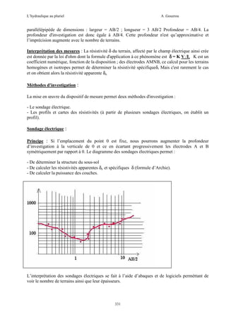 L’hydraulique au pluriel

A .Gouzrou

parallélépipède de dimensions : largeur = AB/2 ; longueur = 3 AB/2 Profondeur = AB/4. La
profondeur d'investigation est donc égale à AB/4. Cette profondeur n'est qu’approximative et
l’imprécision augmente avec le nombre de terrains.
Interprétation des mesures : La résistivité δ du terrain, affecté par le champ électrique ainsi crée
est donnée par la loi d'ohm dont la formule d'application à ce phénomène est δ = K V /I, K est un
coefficient numérique, fonction de la disposition ; des électrodes AMNB, ce calcul pour les terrains
homogènes et isotropes permet de déterminer la résistivité spécifiqueδ, Mais c'est rarement le cas
et on obtient alors la résistivité apparente δa.
Méthodes d'investigation :
La mise en œuvre du dispositif de mesure permet deux méthodes d'investigation :
- Le sondage électrique.
- Les profils et cartes des résistivités (à partir de plusieurs sondages électriques, on établit un
profil).
Sondage électrique :
Principe : Si l’emplacement du point 0 est fixe, nous pourrons augmenter la profondeur
d’investigation à la verticale de 0 et ce en écartant progressivement les électrodes A et B
symétriquement par rapport à 0. Le diagramme des sondages électriques permet :
- De déterminer la structure du sous-sol
- De calculer les résistivités apparentes δa et spécifiques δ (formule d’Archie).
- De calculer la puissance des couches.

L’interprétation des sondages électriques se fait à l’aide d’abaques et de logiciels perméttant de
voir le nombre de terrains ainsi que leur épaisseurs.

331

 
