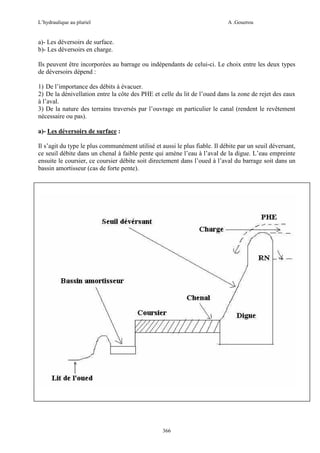 L’hydraulique au pluriel

A .Gouzrou

a)- Les déversoirs de surface.
b)- Les déversoirs en charge.
Ils peuvent être incorporées au barrage ou indépendants de celui-ci. Le choix entre les deux types
de déversoirs dépend :
1) De l’importance des débits à évacuer.
2) De la dénivellation entre la côte des PHE et celle du lit de l’oued dans la zone de rejet des eaux
à l’aval.
3) De la nature des terrains traversés par l’ouvrage en particulier le canal (rendent le revêtement
nécessaire ou pas).
a)- Les déversoirs de surface :
Il s’agit du type le plus communément utilisé et aussi le plus fiable. Il débite par un seuil déversant,
ce seuil débite dans un chenal à faible pente qui amène l’eau à l’aval de la digue. L’eau empreinte
ensuite le coursier, ce coursier débite soit directement dans l’oued à l’aval du barrage soit dans un
bassin amortisseur (cas de forte pente).

366

 