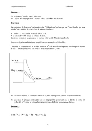 L’hydraulique au pluriel

A .Gouzrou

Réponses :
2) la retenue s’étendra sur 62,5 hectares.
3) Le coût de l’expropriation s’élèvera à 62,5 x 50 000= 3,125 Mdhs.
Exercice :
La protection de la zone d’ourika nécessite l’édification d’un barrage sur l’oued Ourika qui sera
muni d’une conduite de prise d’eau de section circulaire :
A l’entrée : D = 1000 mm et la côte est de 28 m.
A la sortie : D = 800 mm et la côte est de 26m.
Le niveau normal de la retenue de ce barrage est à la côte 38 m (niveau local).
Les pertes de charges linéaires et singulières sont supposées négligeables.
1) calculer la vitesse en m/s et le débit d’eau en m3 /s à la sortie de la prise d’eau lorsque le niveau
d’eau à l’amont correspond à la côte de la retenue normale (38m) .

3) calculer le débit et la vitesse à l’entrée de la prise d’eau pour la côte de la retenue normale.
4) les pertes de charges sont supposées non négligeables et sachant que le débit à la sortie est
évalué à 6 m3 /s pour la côte de la retenue normale. Calculer les pertes de charges.
Réponses :

1) Z1 +P1/ω + V12 /2g = Z2 + P2/ω + V22 /2g

383

 