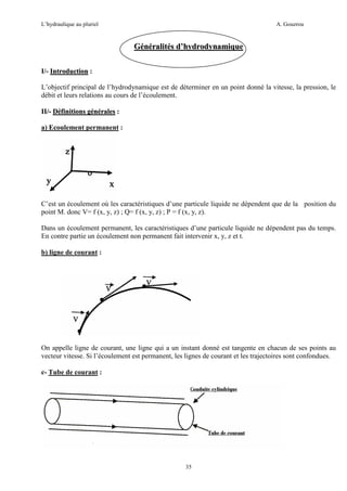 L’hydraulique au pluriel

A. Gouzrou

Généralités d’hydrodynamique
I/- Introduction :
L’objectif principal de l’hydrodynamique est de déterminer en un point donné la vitesse, la pression, le
débit et leurs relations au cours de l’écoulement.
II/- Définitions générales :
a) Ecoulement permanent :

C’est un écoulement où les caractéristiques d’une particule liquide ne dépendent que de la position du
point M. donc V= f (x, y, z) ; Q= f (x, y, z) ; P = f (x, y, z).
Dans un écoulement permanent, les caractéristiques d’une particule liquide ne dépendent pas du temps.
En contre partie un écoulement non permanent fait intervenir x, y, z et t.
b) ligne de courant :

On appelle ligne de courant, une ligne qui a un instant donné est tangente en chacun de ses points au
vecteur vitesse. Si l’écoulement est permanent, les lignes de courant et les trajectoires sont confondues.
c- Tube de courant :

35

 