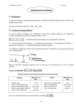 L’hydraulique au pluriel

A. Gouzrou

Calcul des pertes de charges

I) Introduction :
Les pertes de charge se composent de deux parties : les pertes de charges singulières ∆HS et les pertes de
charges linéaires ∆HL.
Les pertes de charges totales sont : ∆HT = ∆HL + ∆HS.

1/- Les pertes de charges linéaires/ :
Ce sont les pertes de charges qui s’effectuent le long d’une conduite dépourvue de singularités.
L’expression générale des pertes de charges linéaires s’écrit :
∆HL=λ x 1/d x v²/2g

: (Formule de Darcy-Weisbach) avec les désignations suivantes :

v = vitesse moyenne de l’écoulement ; g = accélération de la pesanteur ; d = diamètre de la conduite ; l =
longueur de la conduite ; λ = coefficient des pertes de charges linéaires.
Le coefficient λ dépend de la nature de l’écoulement (laminaire ou turbulent) et de la rugosité des parois
de la canalisation (K).

Parmi les formules empiriques proposées pour le calcul de λ en fonction de k, on cite la formule
suivante :
Formule de Nikuradse : 1/√λ = 1,74 + 2log10 [d/2k]
λ
]
Rugosité uniforme équivalente pour quelques types de matériaux :

Nature
-

Tube de verre
Tube en acier laminé neuf
Tube en acier laminé rouillé
Tube en acier laminé incrusté
Tube en acier soudé neuf

Rugosité (en
mm)
~ 10-4
~ 5. ~10-4
0.15 à 0.25
1.5 à 3
0.03 à 0.1

Nature

-

Rugosité (en
mm)

Tube en acier soudé rouillé
Tube en fer galvanisé
Tube de ciment lisse
Tube de ciment brut

0.4
0.15 à 0.20
0.3 à 0.8
jusqu’à 3

Pour un écoulement laminaire dans une conduite cylindrique λ = 64/Re

40

 
