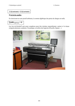 L’hydraulique au pluriel

A .Gouzrou

Σ Q (entrants) = Σ Q (sortants)
B) la loi des mailles :
En choisissant un sens positif arbitraire, la somme algébrique des pertes de charges est nulle.

∑(∆H) algébrique = 0
Les lois de Kirchoff sont assez complexes pour être résolues manuellement, surtout si le réseau
comporte plusieurs conduites. En pratique, on utilise des logiciels (Piccollo, Epanet…)

448

 