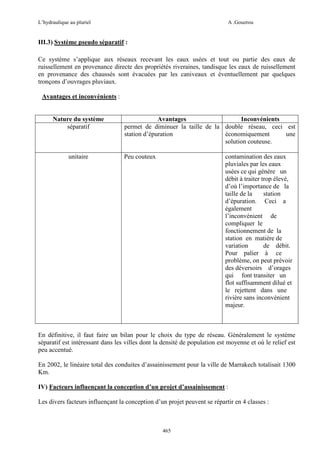 L’hydraulique au pluriel

A .Gouzrou

III.3) Système pseudo séparatif :
Ce système s’applique aux réseaux recevant les eaux usées et tout ou partie des eaux de
ruissellement en provenance directe des propriétés riveraines, tandisque les eaux de ruissellement
en provenance des chaussés sont évacuées par les caniveaux et éventuellement par quelques
tronçons d’ouvrages pluviaux.
Avantages et inconvénients :

Nature du système
séparatif

unitaire

Avantages
Inconvénients
permet de diminuer la taille de la double réseau, ceci est
station d’épuration
économiquement
une
solution couteuse.
Peu couteux

contamination des eaux
pluviales par les eaux
usées ce qui génère un
débit à traiter trop élevé,
d’où l’importance de la
taille de la
station
d’épuration. Ceci a
également
l’inconvénient de
compliquer le
fonctionnement de la
station en matière de
variation
de débit.
Pour palier à ce
problème, on peut prévoir
des déversoirs d’orages
qui font transiter un
flot suffisamment dilué et
le rejettent dans une
rivière sans inconvénient
majeur.

En définitive, il faut faire un bilan pour le choix du type de réseau. Généralement le système
séparatif est intéressant dans les villes dont la densité de population est moyenne et où le relief est
peu accentué.
En 2002, le linéaire total des conduites d’assainissement pour la ville de Marrakech totalisait 1300
Km.
IV) Facteurs influençant la conception d’un projet d’assainissement :
Les divers facteurs influençant la conception d’un projet peuvent se répartir en 4 classes :

465

 