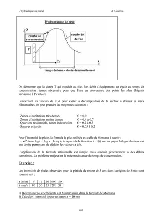 L’hydraulique au pluriel

A .Gouzrou

P

On démontre que la durée T qui conduit au plus fort débit d’équipement est égale au temps de
concentration : temps nécessaire pour que l’eau en provenance des points les plus éloignés
parvienne à l’exutoire.
Concernant les valeurs de C et pour éviter la décomposition de la surface à drainer en aires
élémentaires, on peut prendre les moyennes suivantes :

- Zones d’habitations très denses
- Zones d’habitations moins denses
- Quartiers résidentiels, zones industrielles
- Squares et jardin

C = 0,9
C = 0,4 à 0,7
C = 0,2 à 0,3
C = 0,05 à 0,2

Pour l’intensité de pluie, la formule la plus utilisée est celle de Montana à savoir :
i = atb donc log i = log a +b log t, le report de la fonction i = f(t) sur un papier bilogarithmique est
une droite permettant de déduire les valeurs a et b.
L’application de la formule ratioinnelle est simple mais conduit gènèralement à des débits
surestimès. Le problème majeur est la mèconnaissance du temps de concentration.

Exercice :
Les intensités de pluies observées pour la période de retour de 5 ans dans la région de Settat sont
comme suit :
t (min)
i mm/h

6
80

15
50

30 60 100
35 28 20

1) Déterminer les coefficients a et b intervenant dans la formule de Montana
2) Calculer l’intensité i pour un temps t = 10 min

469

 
