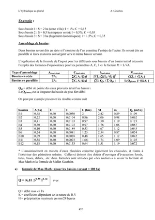 L’hydraulique au pluriel

A .Gouzrou

Exemple :
Sous bassin 1 : S = 2 ha (zone villa); I = 1%; C = 0,15
Sous bassin 2 : S = 0,5 ha (espaces verts); I = 0,5%; C = 0,05
Sous bassin 3 : S = 3 ha (logement économiques); I = 1,5%; C = 0,35
Assemblage de bassins :
Deux bassins seront dits en série si l’exutoire de l’un constitue l’entrée de l’autre. Ils seront dits en
paralléle si leurs exutoires convergent vers le même bassin versant.
L’application de la formule de Caquot pour les différents sous bassins d’un bassin initial nécessite
l’emploi des formules d’équivalence pour les paramètres A, C, I et le facteur M = L/√A.
Type d’assemblage
Bassins en série
Bassins en parallèle

Aéquivalent
ΣAi
ΣAi

Céquivalent
∑Ci Ai /ΣAi
∑Ci Ai /ΣAi

Iéquivalent
[∑Li /∑(Li /√Ii )]2
∑
√
[∑Ii Qpi / ∑ Qpi ]
∑

Méquivalent
(∑Li / √ΣAi )
∑
L(Qpi max )/ √(ΣAi )

Qpi = débit de pointe des eaux pluviales relatif au bassin i.
L (Qpi max) est la longueur du bassin du plus fort débit
On peut par exemple presenter les résultas comme suit

bassins
B1
B2
B3
B4
B5
B6
B10
B11
B12

A(ha)
0,68
0,22
0,41
0,30
0,10
0,24
0,09
0,38
0,18

C
0,60
0,60
0,60
0,60
0,60
0,60
0,60
0,60
0,60

I
0,0050
0,0104
0,0103
0,0103
0,0189
0,0081
0,0028
0,0093
0,0153

L (hm)
2
0,96
0,97
0,97
0,53
1,23
0,48
1,08
0,64

M
2,42
2,06
1,50
1,76
1,67
2,54
1,65
1,74
1,51

m
0,89
0,98
1,19
1,08
1,12
0,87
1,12
1,09
1,19

Qc (m3/s)
0,109
0,062
0,123
0,087
0,045
0,054
0,042
0,103
0,072

* L’assainissement en matière d’eaux pluviales concerne également les chaussées, et routes à
l’extérieur des périmètres urbains. Celles-ci doivent être dotées d’ouvrages d’évacuation fossés,
talus, buses, dalots,...etc. deux formules sont utilisées par « les routiers » à savoir la formule de
Mac-Math et la formule de Mallet-Gauthier.
a)

formule de Mac-Math : (pour les bassins versant < 100 ha)

Q = K.H .S0, 58 I0, 42

avec

Q = débit max en l/s
K = coefficient dépendant de la nature du B.V
H = précipitation maximale en mm/24 heures

472

 