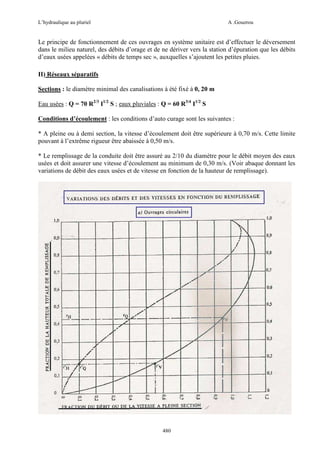 L’hydraulique au pluriel

A .Gouzrou

Le principe de fonctionnement de ces ouvrages en système unitaire est d’effectuer le déversement
dans le milieu naturel, des débits d’orage et de ne dériver vers la station d’épuration que les débits
d’eaux usées appelées « débits de temps sec », auxquelles s’ajoutent les petites pluies.
II) Réseaux séparatifs
Sections : le diamètre minimal des canalisations à été fixé à 0, 20 m
Eau usées : Q = 70 R2/3 I1/2 S ; eaux pluviales : Q = 60 R3/4 I1/2 S
Conditions d’écoulement : les conditions d’auto curage sont les suivantes :
* A pleine ou à demi section, la vitesse d’écoulement doit être supérieure à 0,70 m/s. Cette limite
pouvant à l’extrême rigueur être abaissée à 0,50 m/s.
* Le remplissage de la conduite doit être assuré au 2/10 du diamètre pour le débit moyen des eaux
usées et doit assurer une vitesse d’écoulement au minimum de 0,30 m/s. (Voir abaque donnant les
variations de débit des eaux usées et de vitesse en fonction de la hauteur de remplissage).

480

 