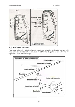 L’hydraulique au pluriel

A .Gouzrou

A.2.4 Branchement particuliers :
En système unitaire, il y a un branchement unique pour immeubles par les eaux pluviales et les
eaux usées. Son diamètre est au maximum de 0,20 mètre. La pente des conduites doit être
supérieure à 3% et le tracé rectiligne.

494

 